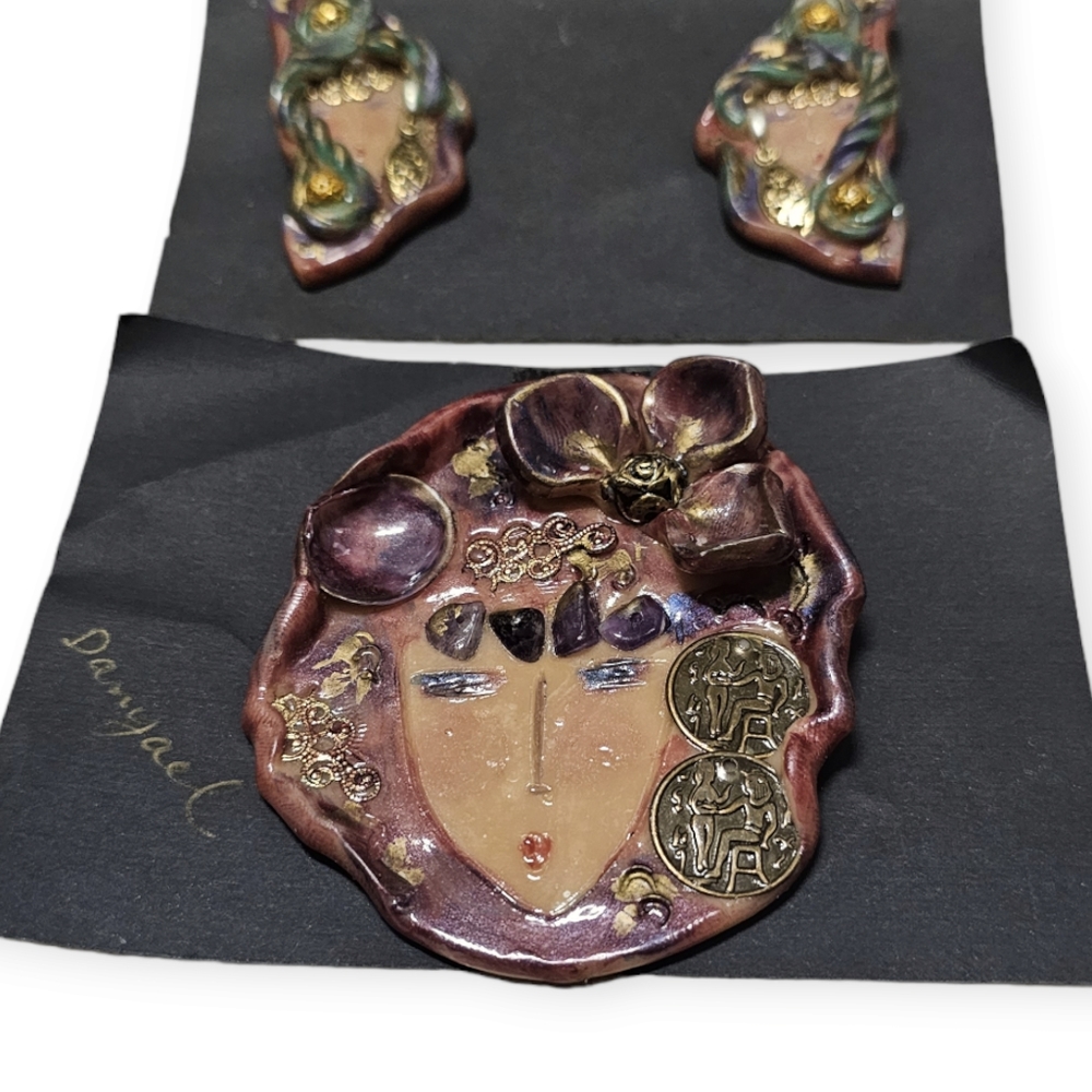 Vintage Danyael Handmade Unique Brooch and Posted Filk Art Earrings